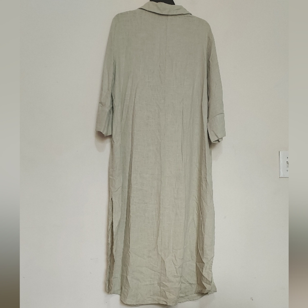 Zara Linen Light Khaki Long Tunic Shirt Dress Sz-L - Picture 4 of 11
